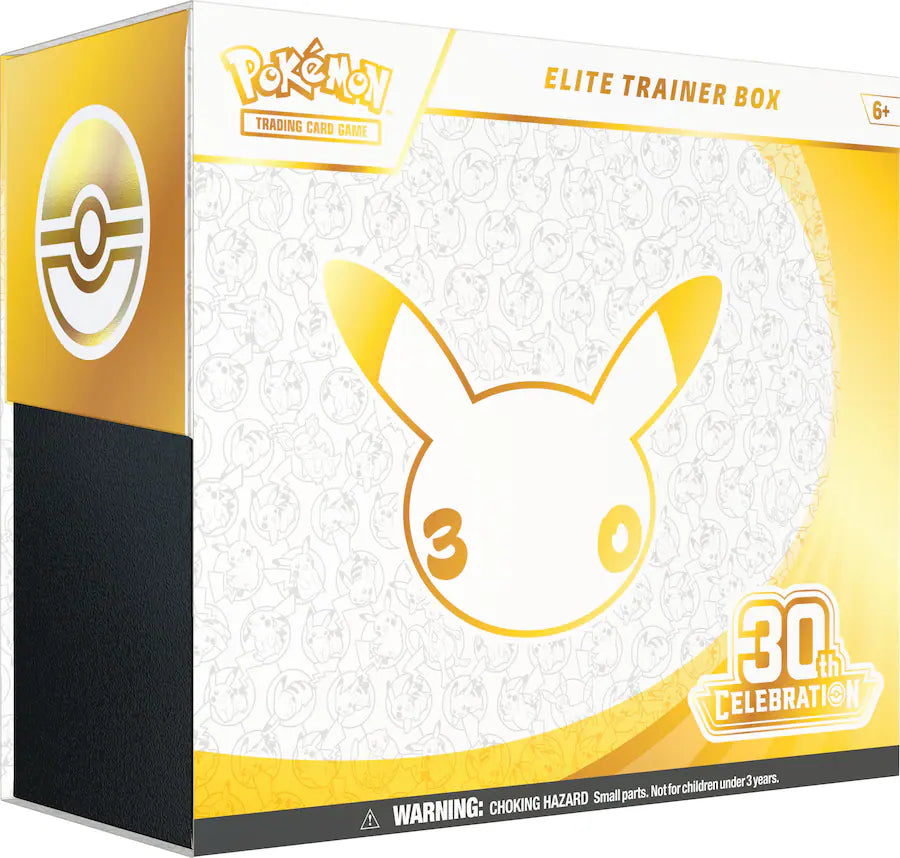 Pokémon TCG 30th Celebration Elite Trainer Box, sealed white and gold box with Pikachu silhouette