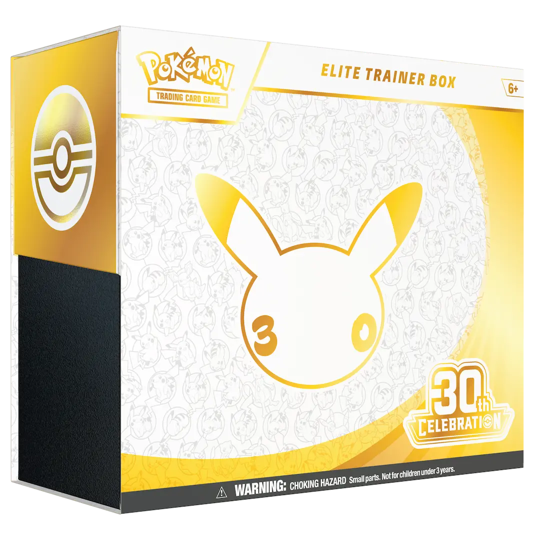 Pokémon TCG 30th Celebration Elite Trainer Box, sealed white and gold box with Pikachu silhouette and 30th Celebration logo