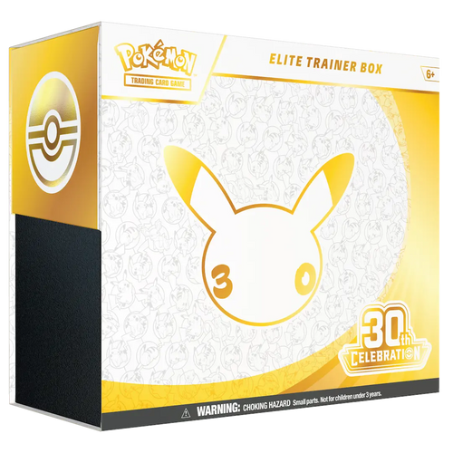 Pokémon TCG 30th Celebration Elite Trainer Box, sealed white and gold box with Pikachu silhouette and 30th Celebration logo